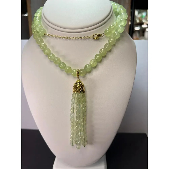 Prehnite beaded necklace with tassel enhancer and gold over sterling silver - Picture 1 of 10